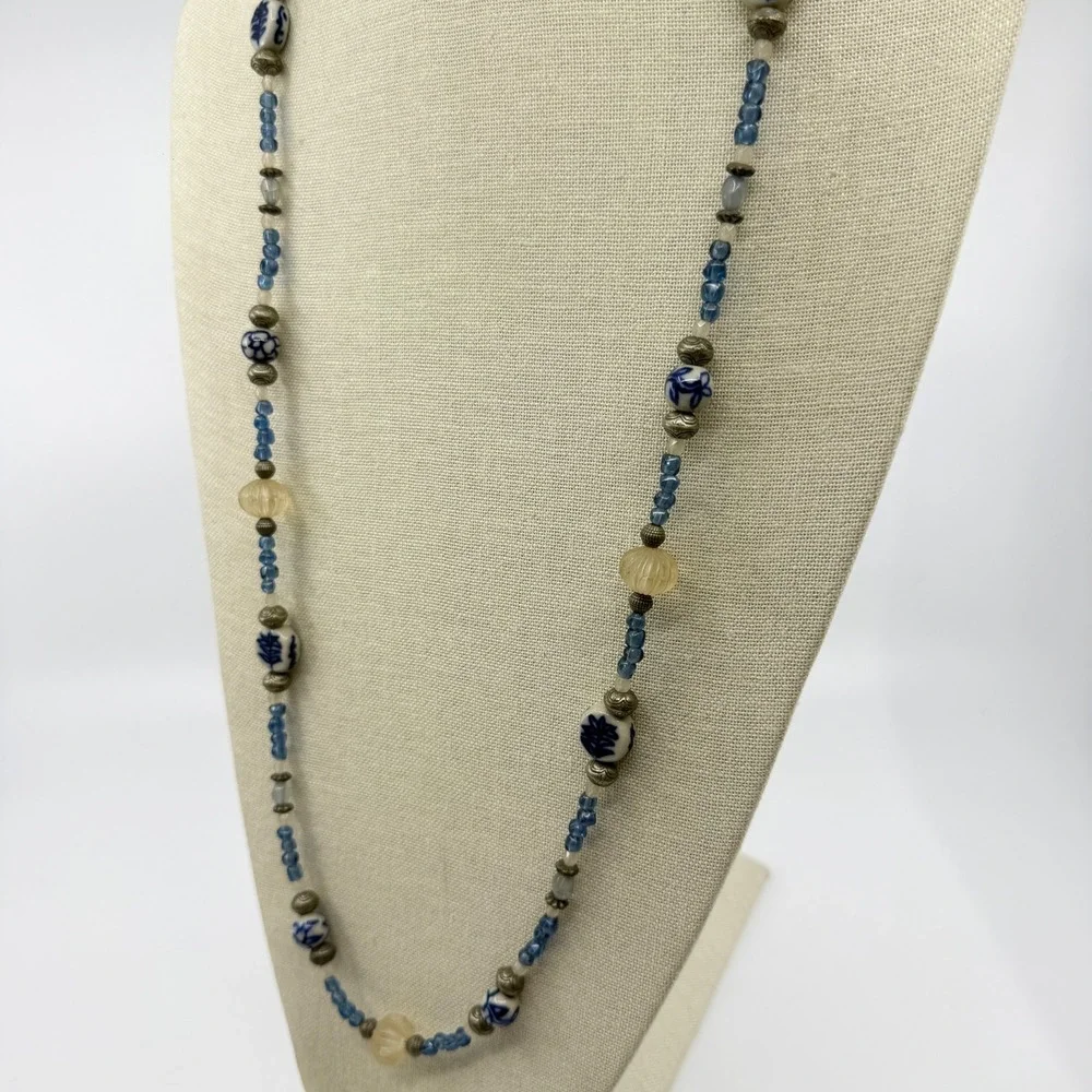 Blue White Porcelain Floral Bead Necklace Carved Acrylic Boho Statement Gift